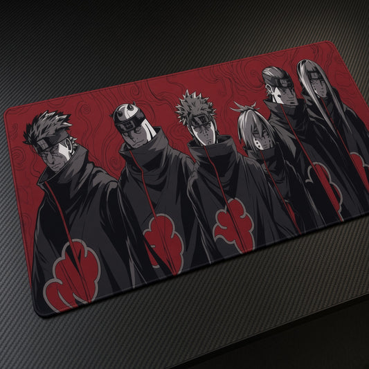 Naruto Akatsuki Dawn playmat at an angle on a gaming desk