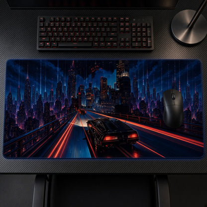 Cyberpunk City Muscle Car Playmat on a gaming desk, top-down view