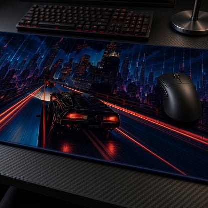 Cyberpunk City Muscle Car Playmat at an angle with keyboard and mouse