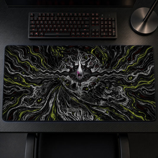 Dark Biomechanical Nightmare Playmat on a gaming desk, top-down view
