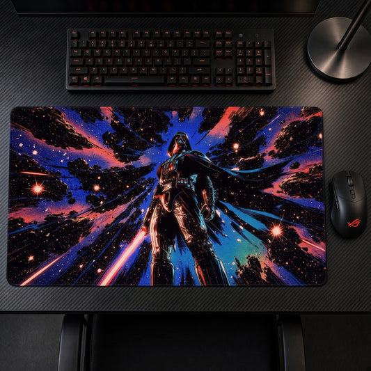 Dark Cosmic Warrior Hyperspace Playmat on a gaming desk, top-down view
