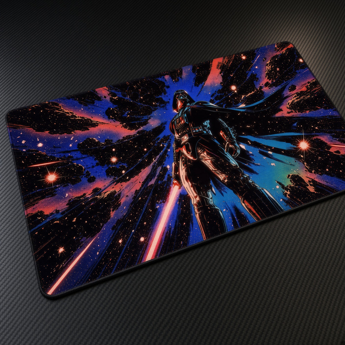 Dark Cosmic Warrior Hyperspace Playmat at an angle on a gaming desk