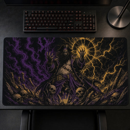 Dark Gold Skull Sorcerer Playmat on a gaming desk, top-down view