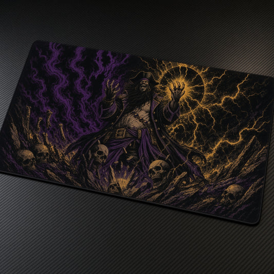 Dark Gold Skull Sorcerer Playmat at an angle on a gaming desk