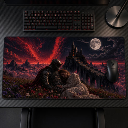 Dark Knight Moon Castle Embrace Playmat on a gaming desk, top-down view