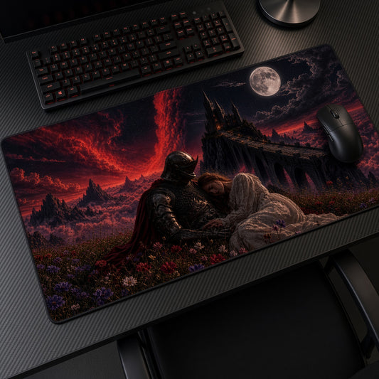 Dark Knight Moon Castle Embrace Playmat at an angle on a gaming desk