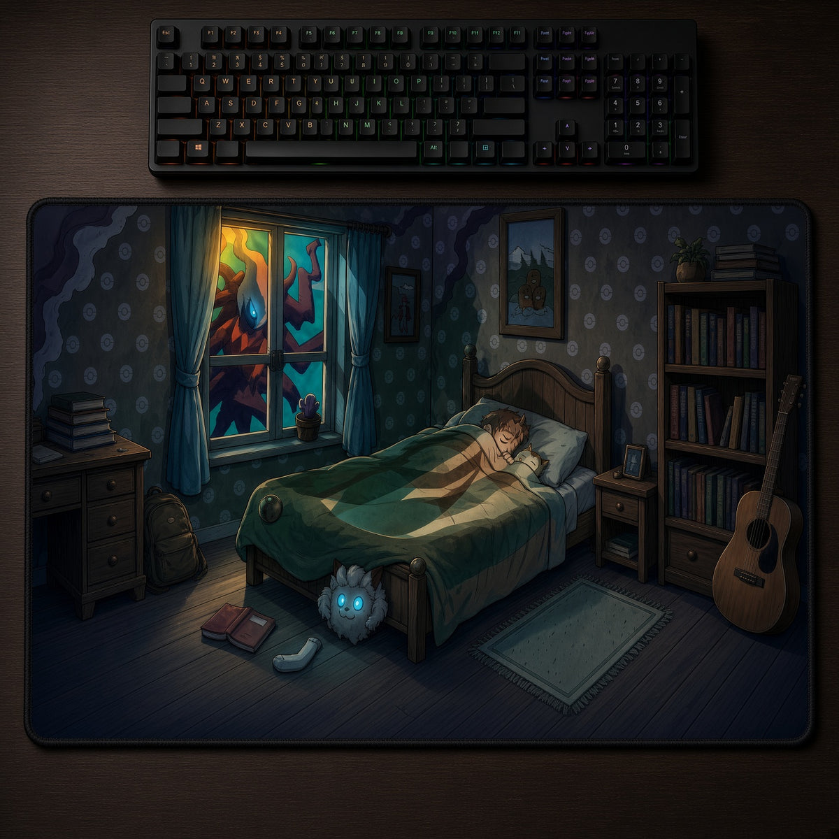 Darkrai Bedroom Nightmare Pokémon Playmat on a gaming desk, top-down view