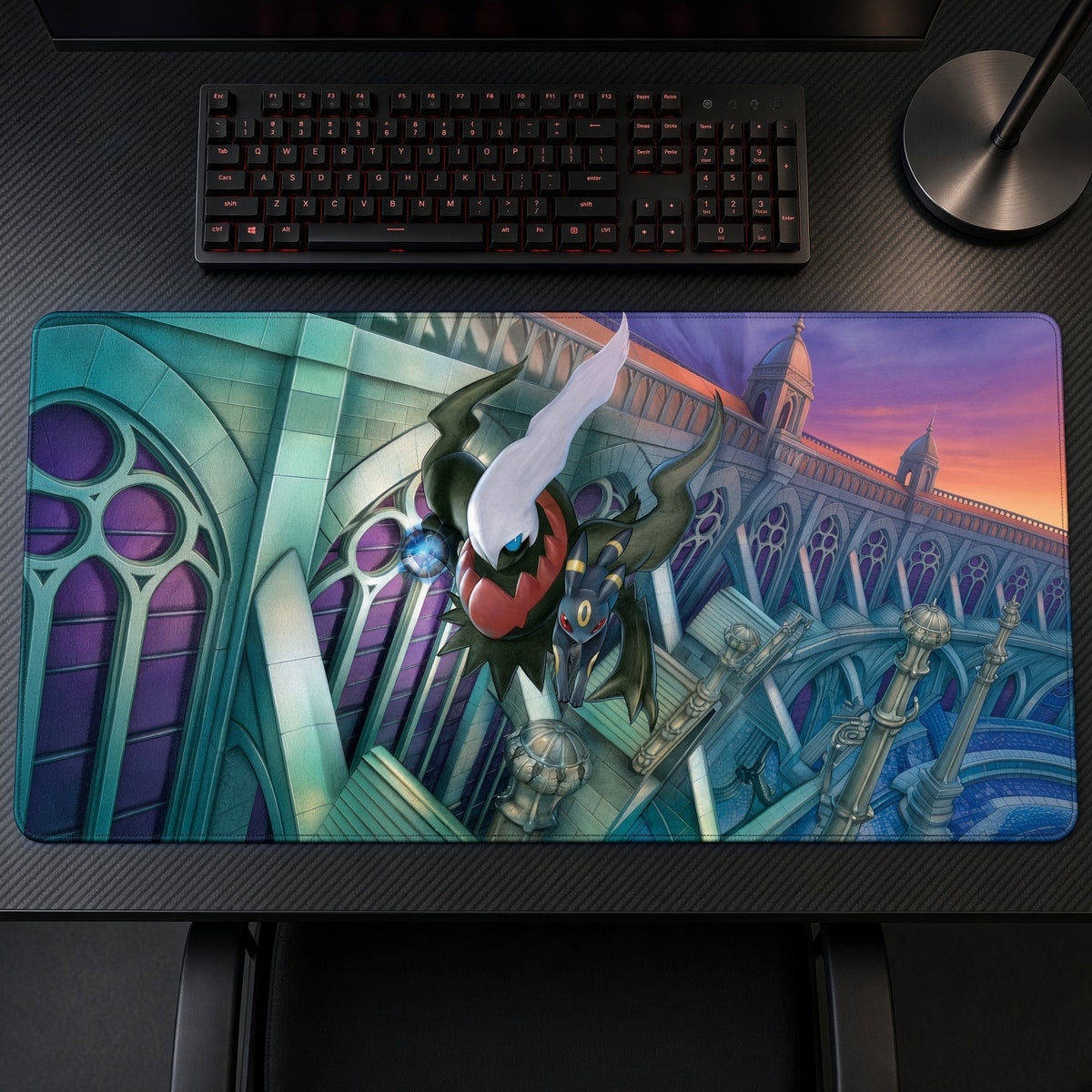 Darkrai Gothic Bridge Pokémon Playmat on a gaming desk, top-down view