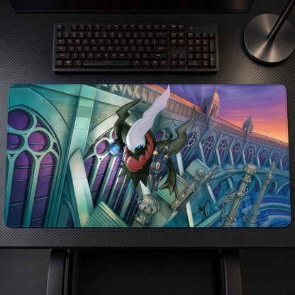 Darkrai Gothic Bridge Pokémon Playmat on a gaming desk, top-down view