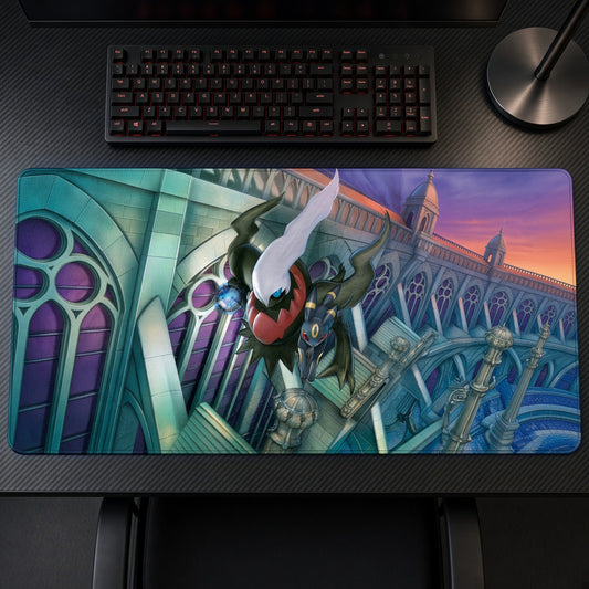 Darkrai Gothic Bridge Pokémon Playmat on a gaming desk, top-down view