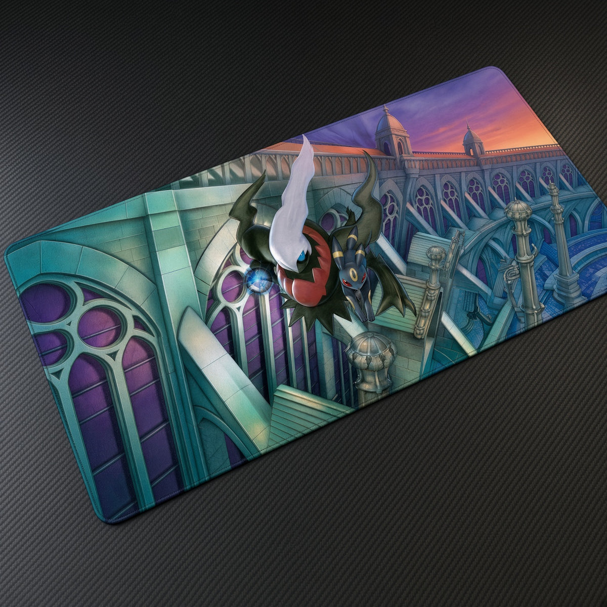 Darkrai Gothic Bridge Pokémon Playmat at an angle on a gaming desk