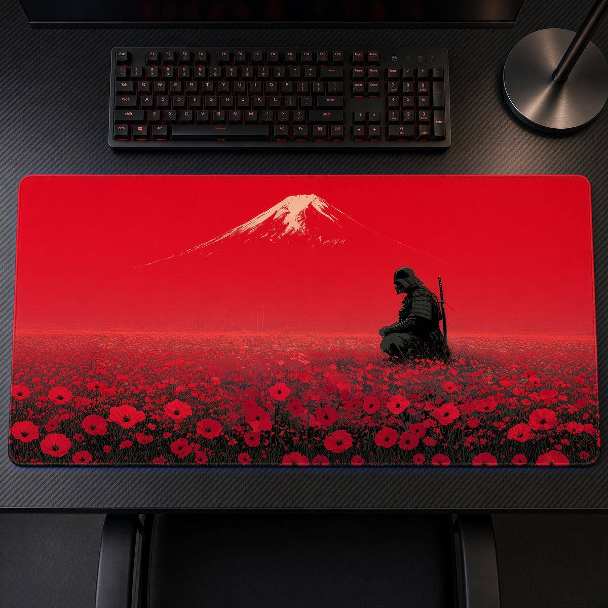 Darth Vader Poppy Field Star Wars Playmat on a gaming desk, top-down view