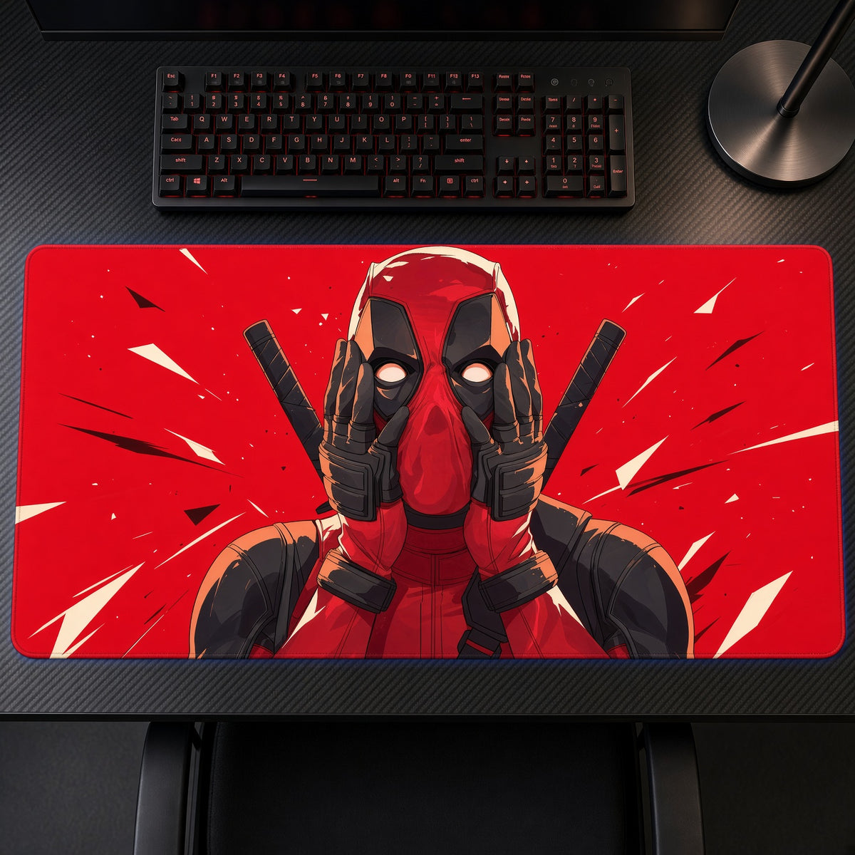 Deadpool Marvel Playmat on a gaming desk, top-down view