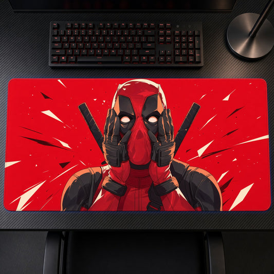 Deadpool Marvel Playmat on a gaming desk, top-down view