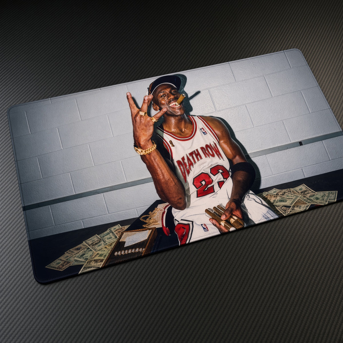 Death Row 23 Jersey Cash Portrait Playmat at an angle on a gaming desk