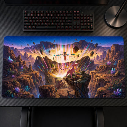 Deoxys & Espeon Crystal Canyon Pokémon Playmat on a gaming desk, top-down view