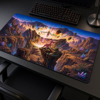 Deoxys & Espeon Crystal Canyon Pokémon Playmat at an angle with keyboard and mouse