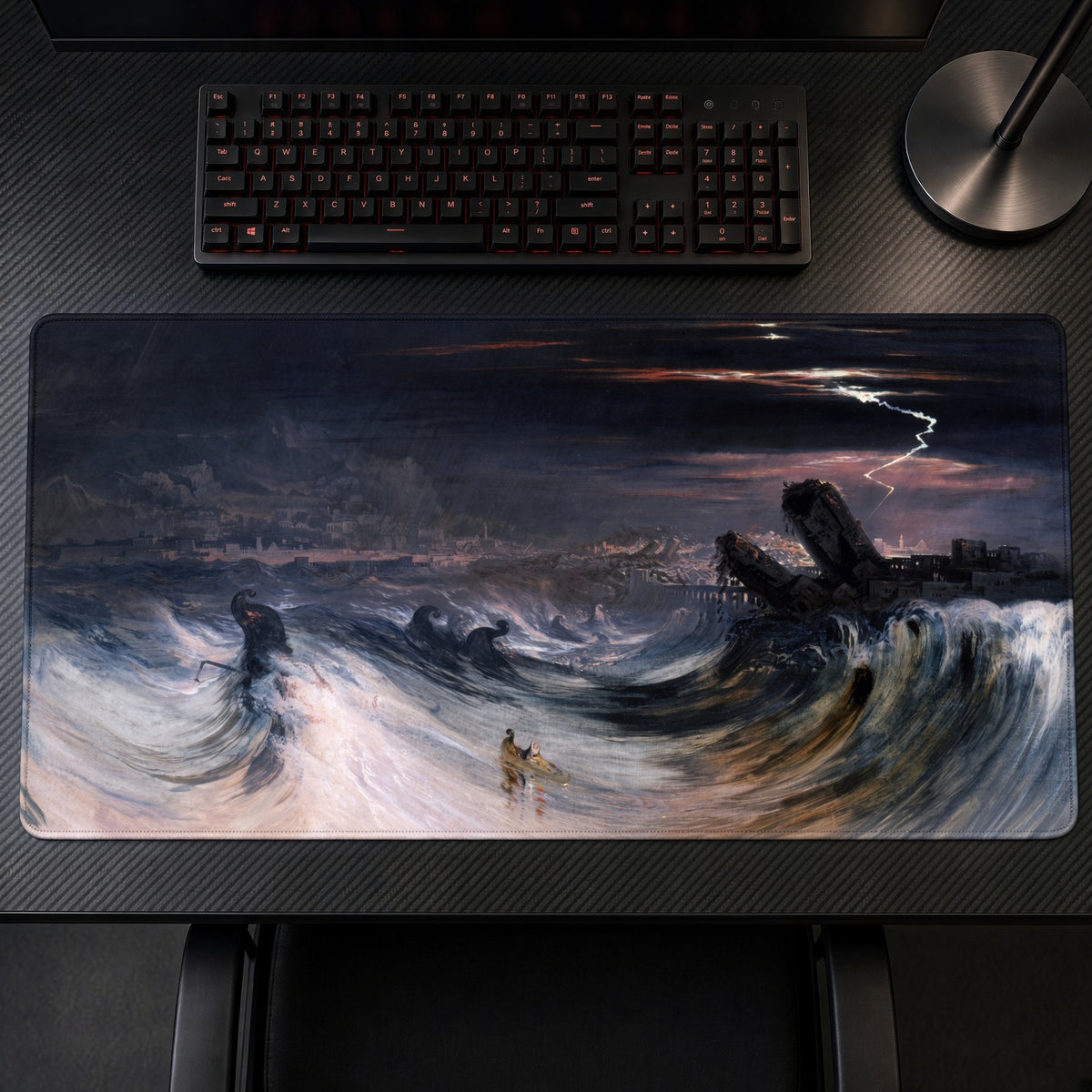Destruction of Tyre John Martin Playmat on a gaming desk, top-down view