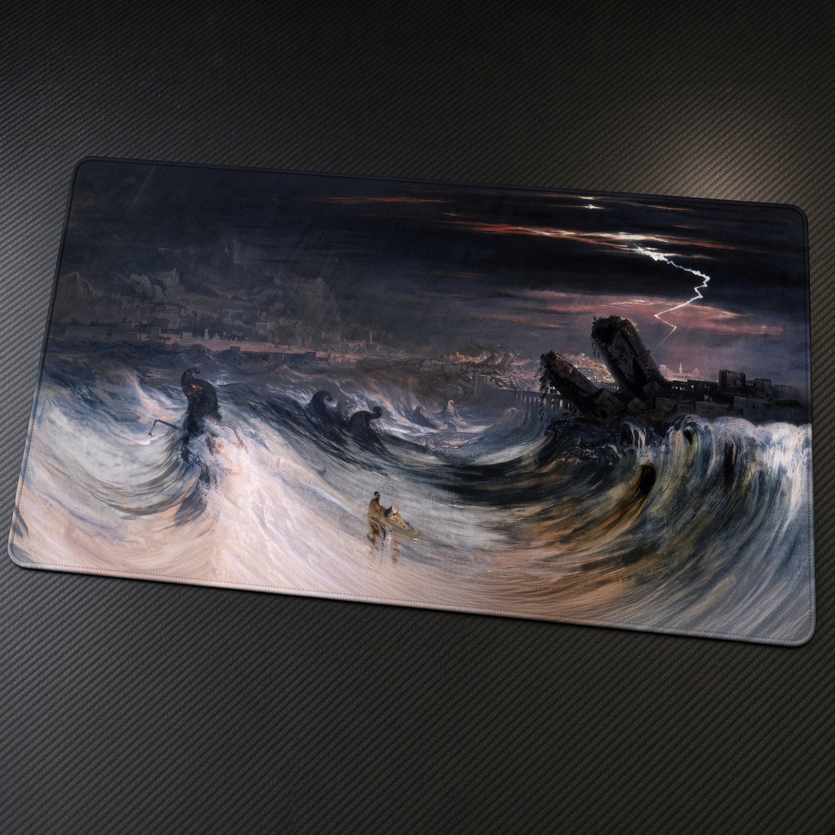 Destruction of Tyre John Martin Playmat at an angle on a gaming desk