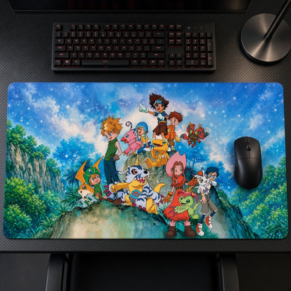 Digimon Adventure Group Playmat on a gaming desk, top-down view