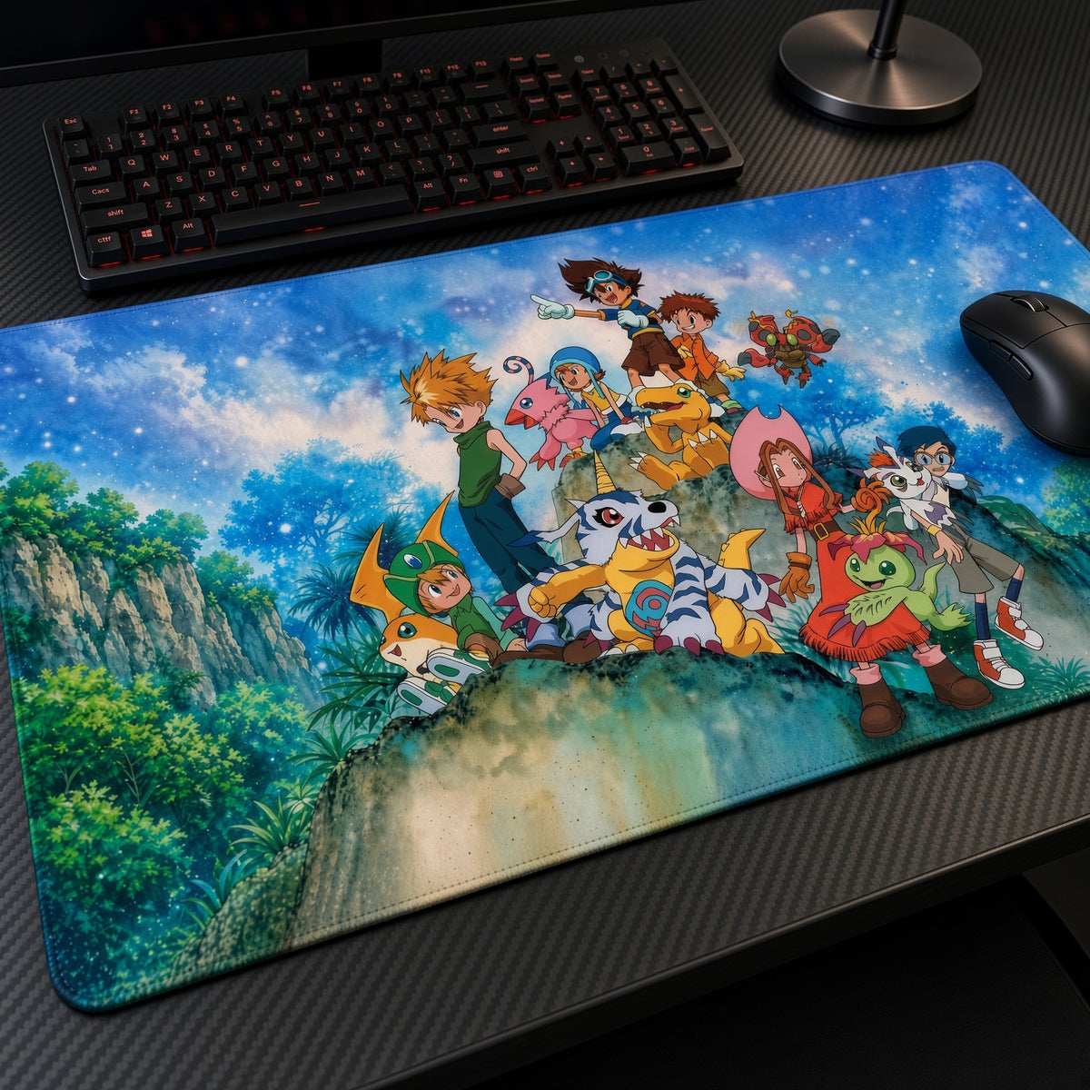 Digimon Adventure Group Playmat at an angle on a gaming desk