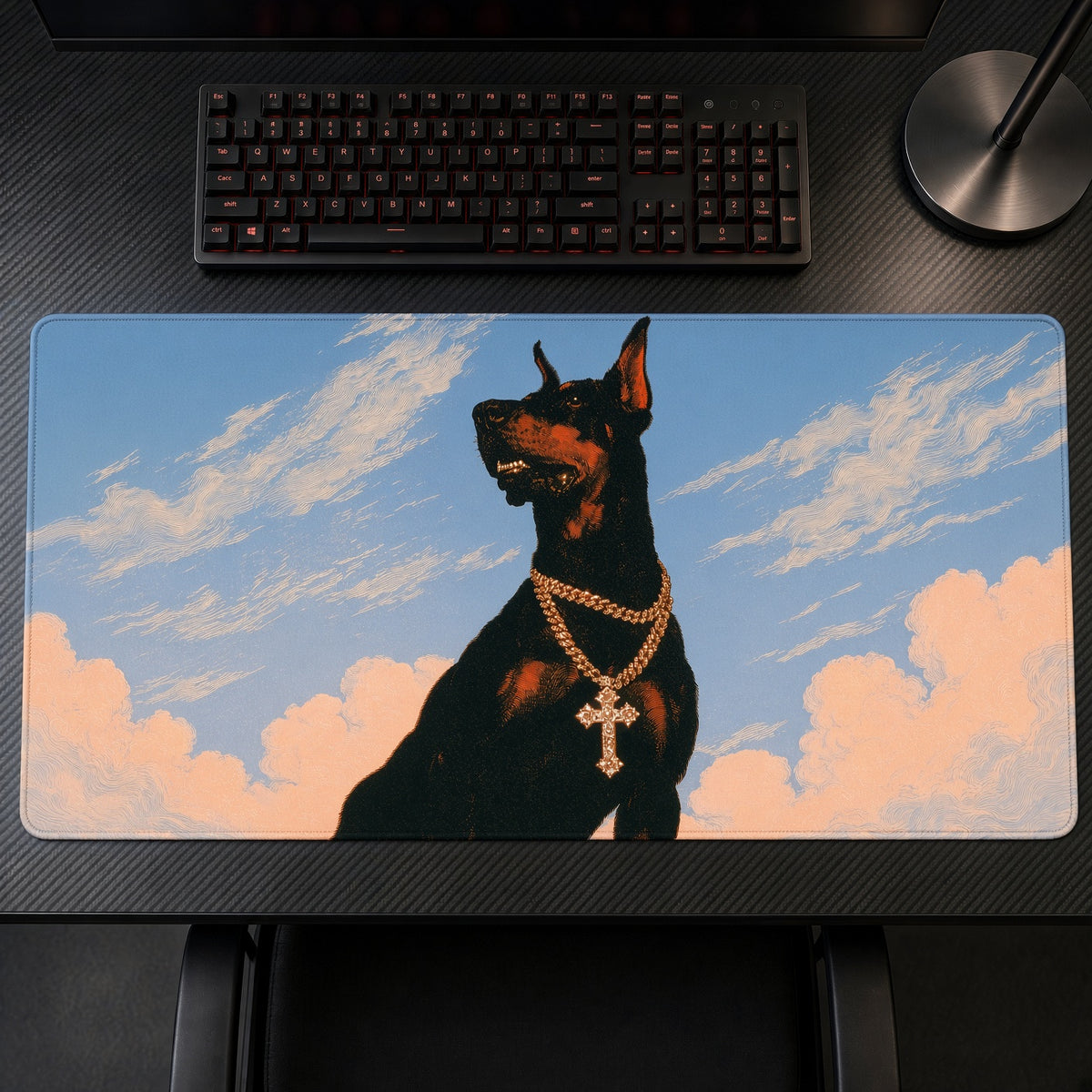 Doberman Gold Chain Sky Playmat on a gaming desk, top-down view