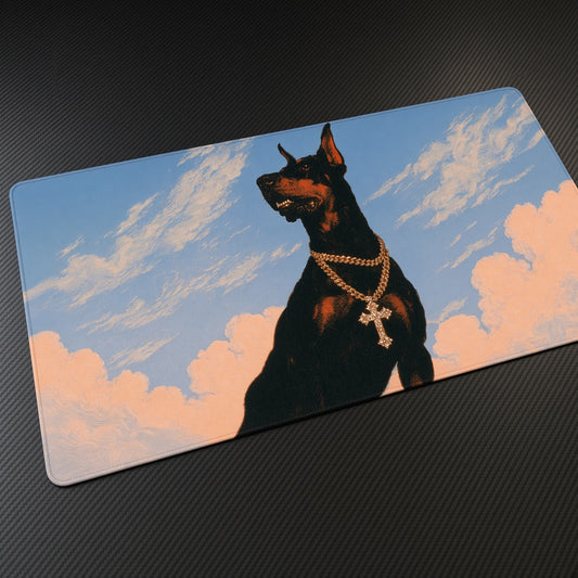 Doberman Gold Chain Sky Playmat at an angle on a gaming desk