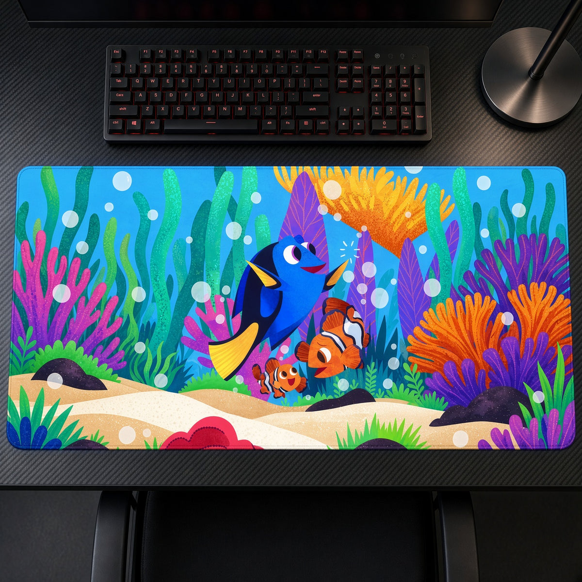 Dory and Nemo Coral Reef Finding Nemo Playmat on a gaming desk, top-down view