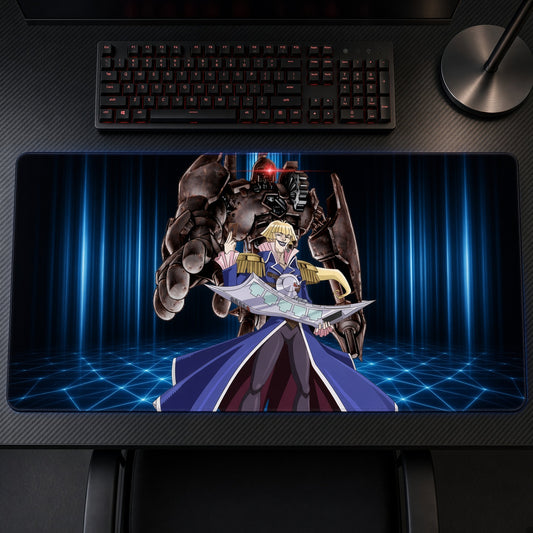 Dr. Vellian Crowler Ancient Gear Yu-Gi-Oh! GX Playmat on a gaming desk, top-down view