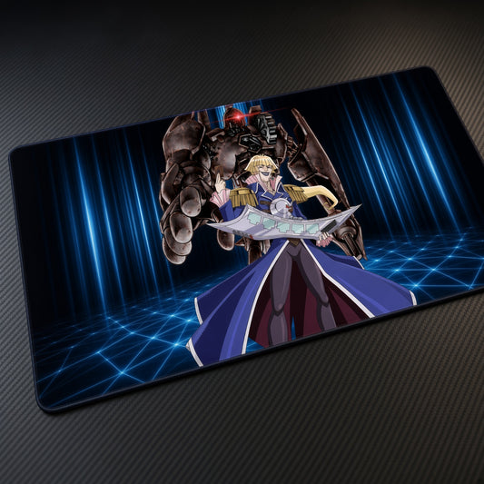 Dr. Vellian Crowler Ancient Gear Yu-Gi-Oh! GX Playmat at an angle on a gaming desk