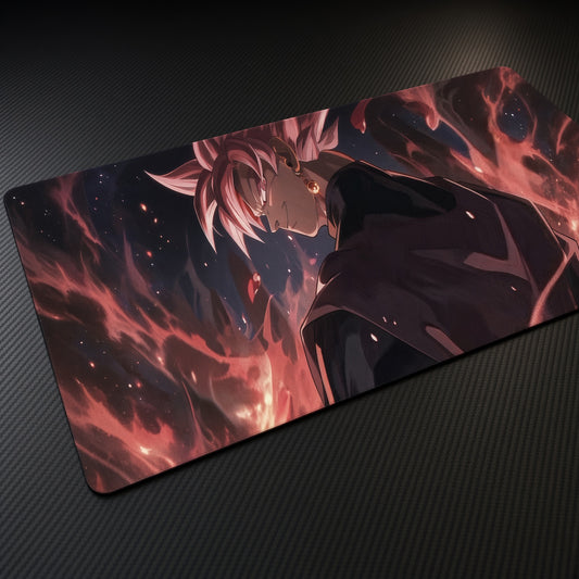 Goku Black Rose playmat at an angle on a gaming desk