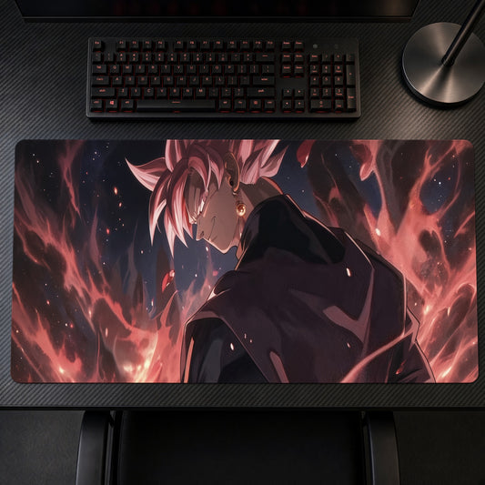 Goku Black Rose playmat on a gaming desk, top-down view