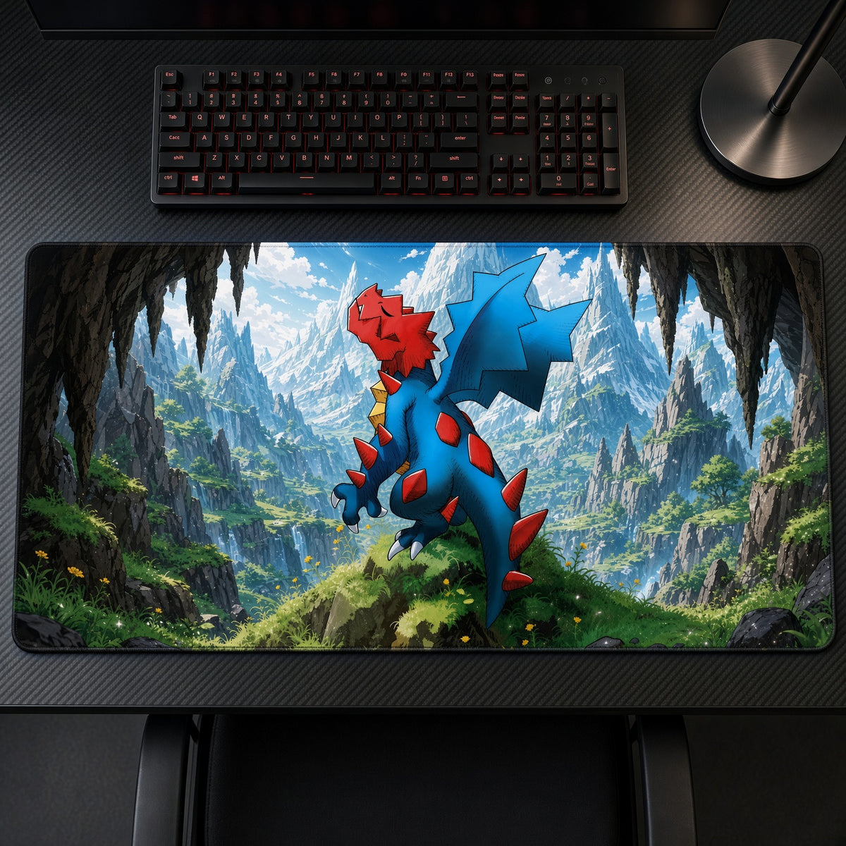 Druddigon Mossy Cave Pokémon Playmat on a gaming desk, top-down view