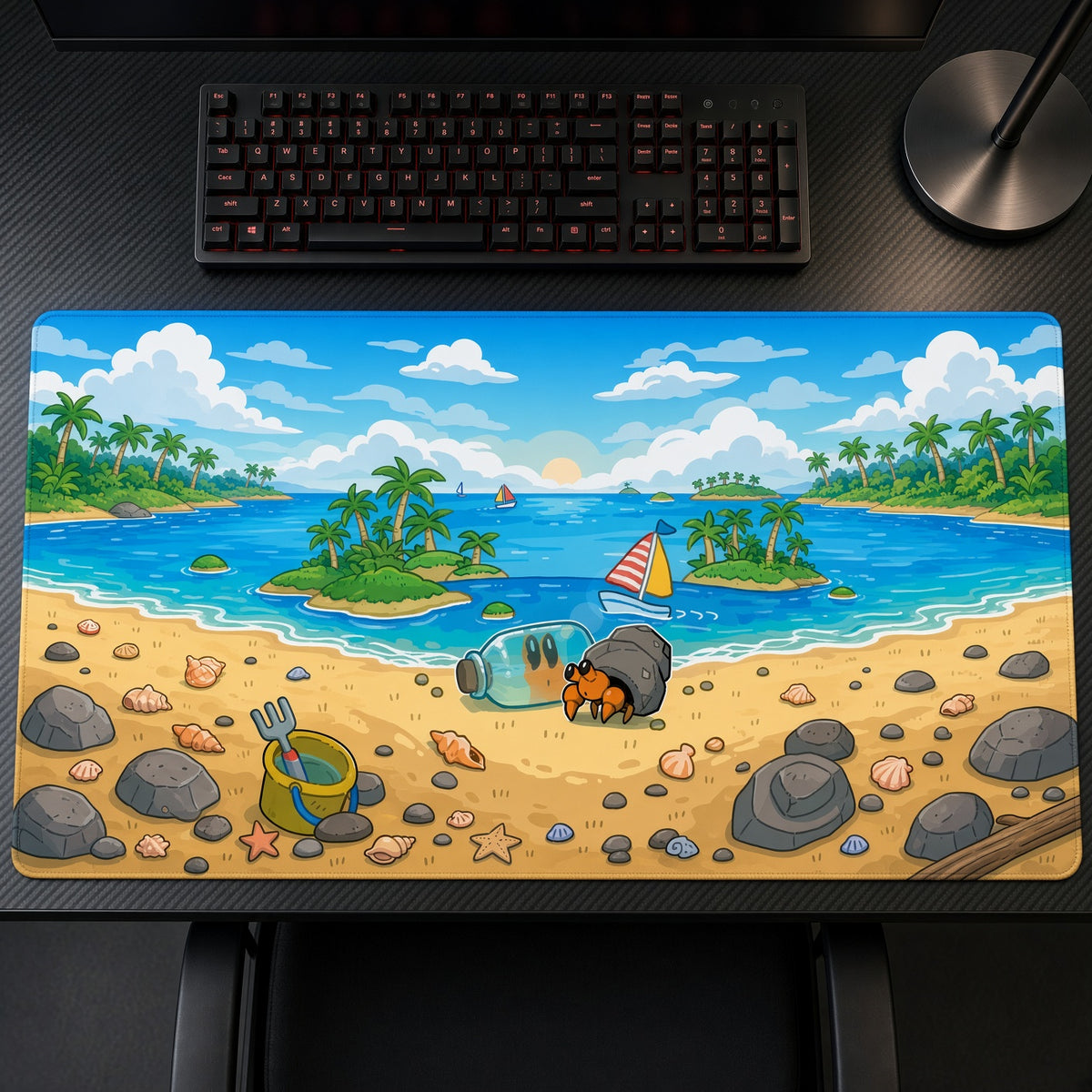 Dwebble Tropical Beach Pokémon Playmat on a gaming desk, top-down view