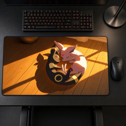 Espeon and Umbreon Sleeping Sunlight Pokémon Playmat on a gaming desk, top-down view