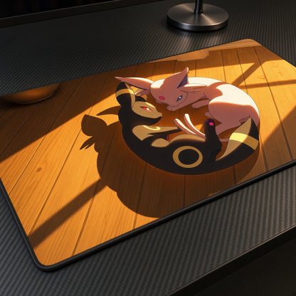 Espeon and Umbreon Sleeping Sunlight Pokémon Playmat at an angle on a gaming desk