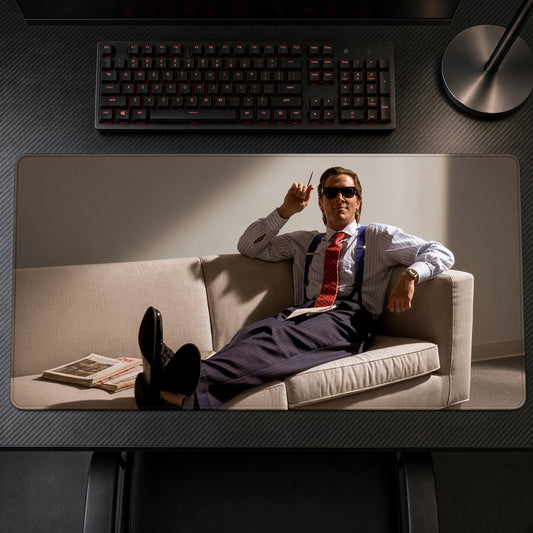 Executive Sunglasses Couch Pose Playmat on a gaming desk, top-down view