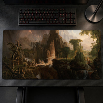 Expulsion from the Garden of Eden Thomas Cole Playmat on a gaming desk, top-down view
