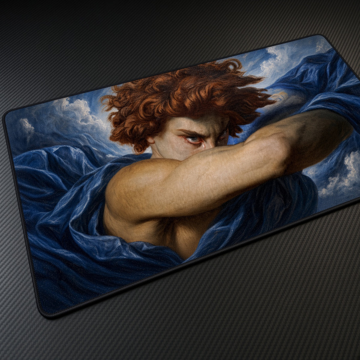 Fallen Angel Alexandre Cabanel Playmat at an angle on a gaming desk