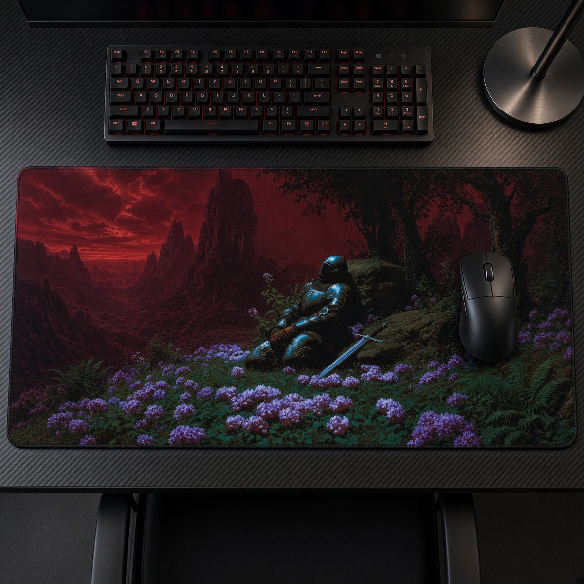 Fallen Knight Flower Field Fantasy Playmat on a gaming desk, top-down view