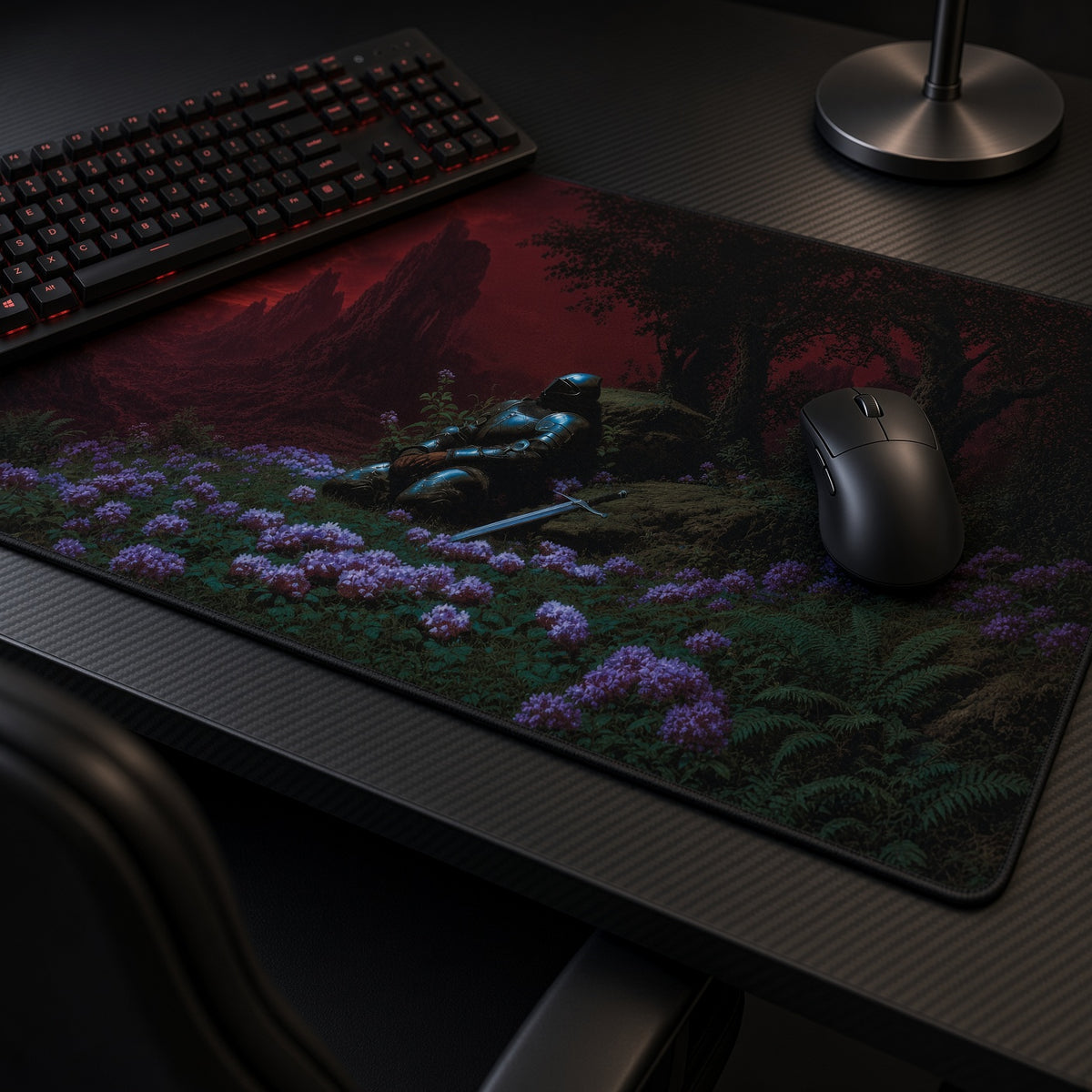 Fallen Knight Flower Field Fantasy Playmat at an angle with keyboard and mouse