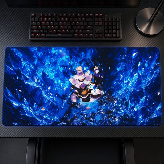 Fantina and Dusknoir Ice Crystal Cavern Pokémon Playmat on a gaming desk, top-down view