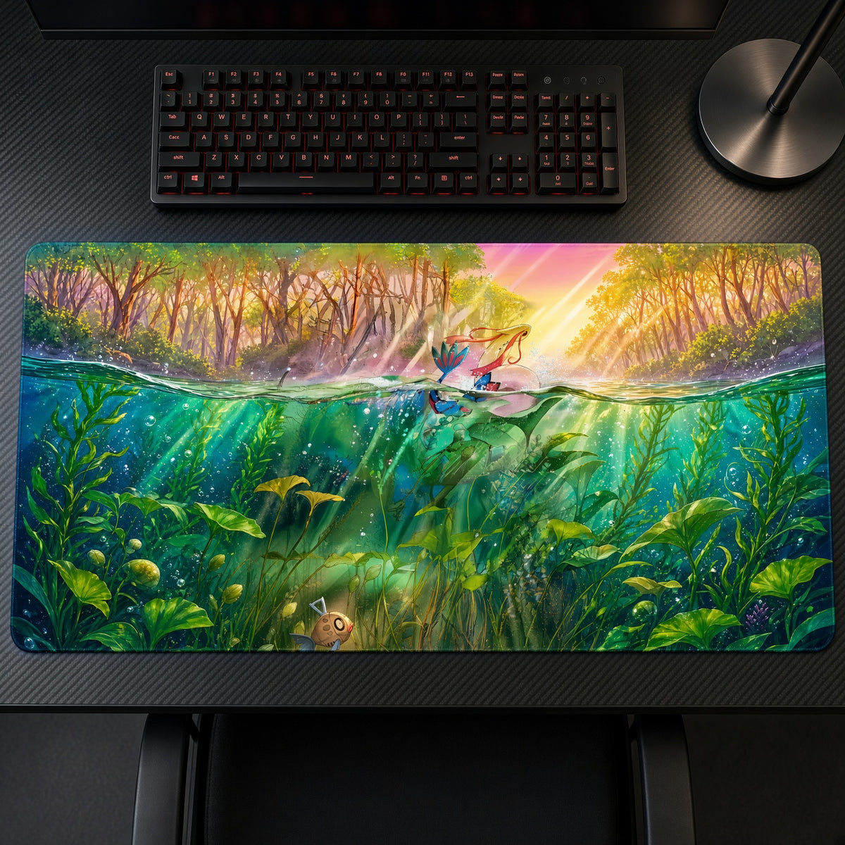 Feebas Underwater Pond Pokémon Playmat on a gaming desk, top-down view