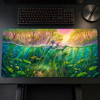 Feebas Underwater Pond Pokémon Playmat on a gaming desk, top-down view