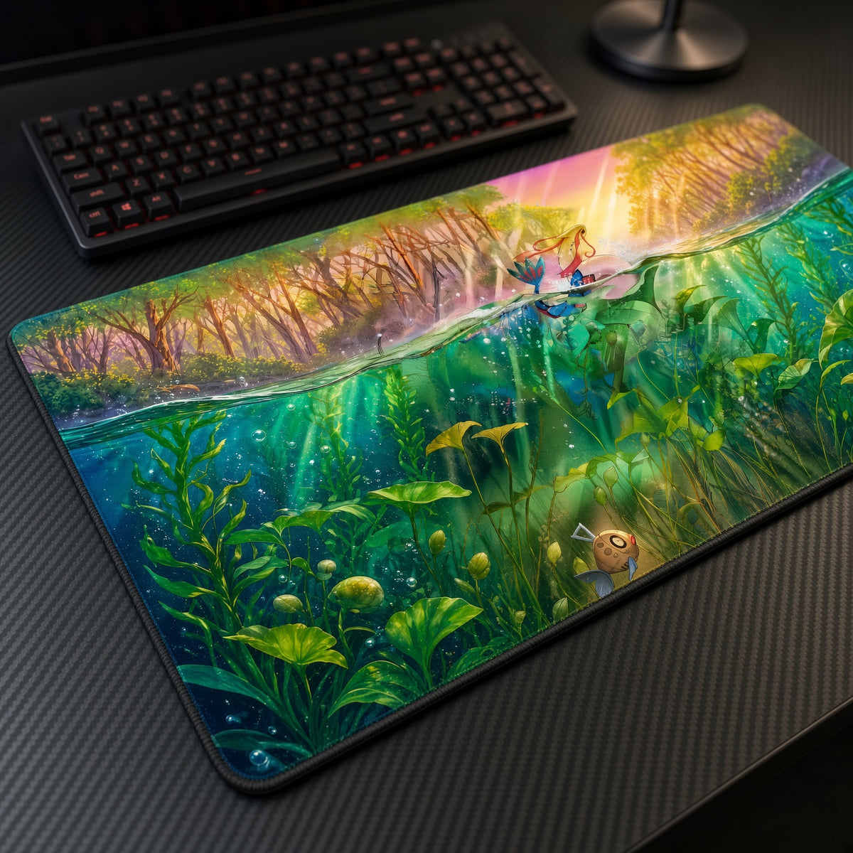 Feebas Underwater Pond Pokémon Playmat at an angle with keyboard and mouse