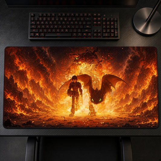 Fire Wings Silhouette Inferno Playmat on a gaming desk, top-down view