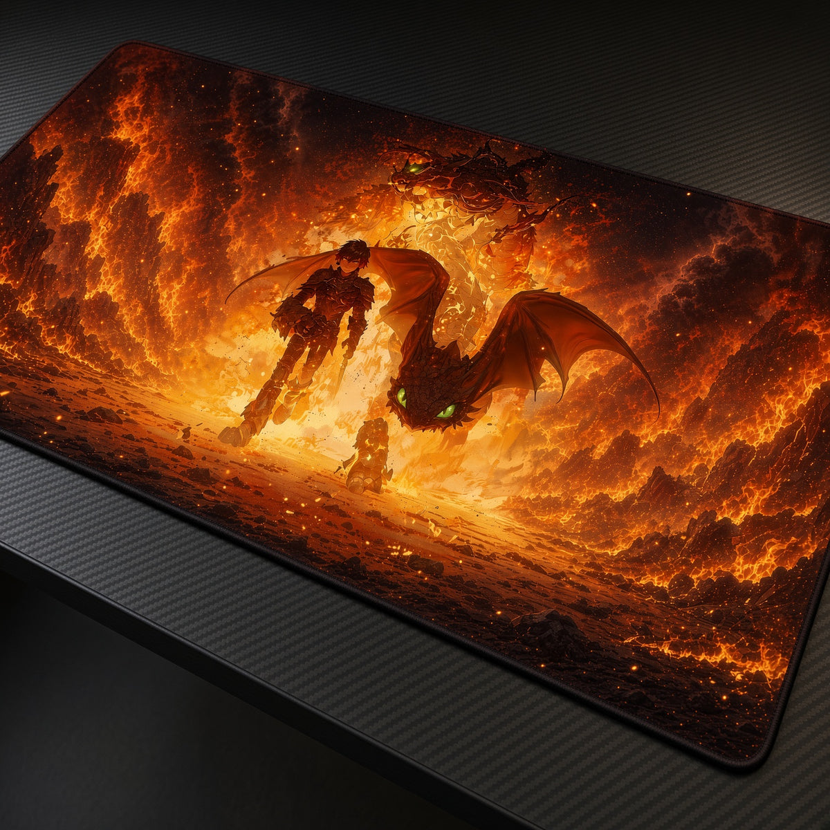 Fire Wings Silhouette Inferno Playmat at an angle on a gaming desk