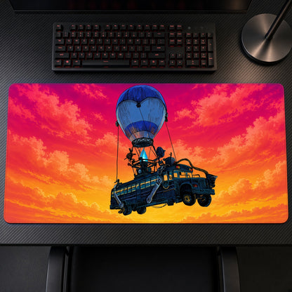 Fortnite Battle Bus Balloon Sunset Playmat on a gaming desk, top-down view