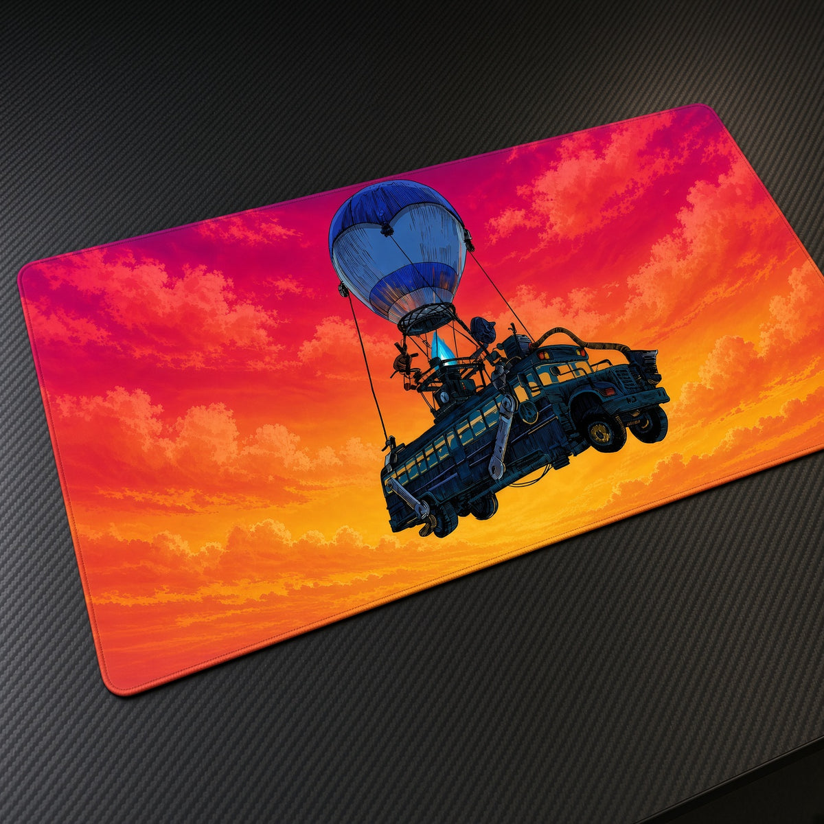 Fortnite Battle Bus Balloon Sunset Playmat at an angle on a gaming desk