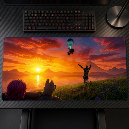 Fortnite Battle Bus Sunset Drop Playmat on a gaming desk, top-down view